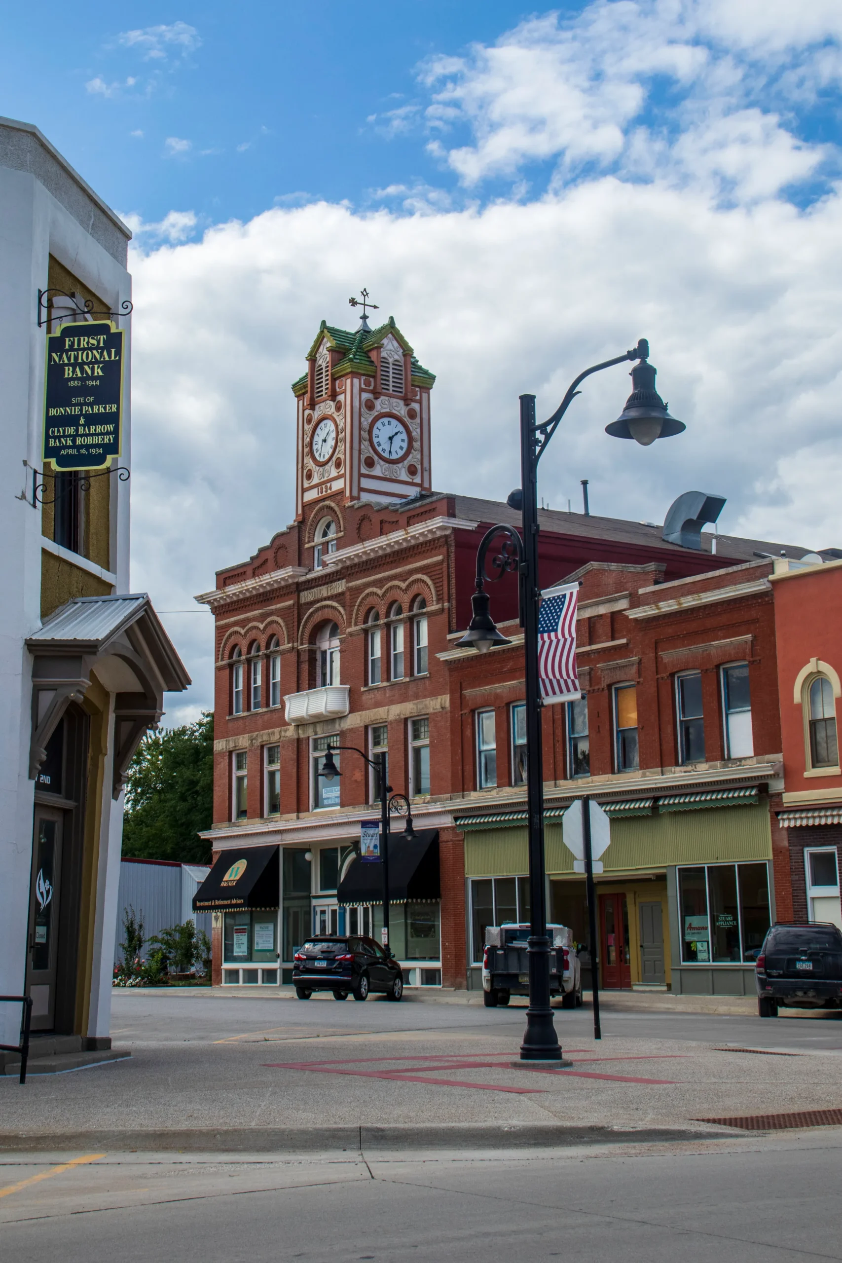 The Clock Tower Lofts building on the corner in downtown Stuart, Iowa